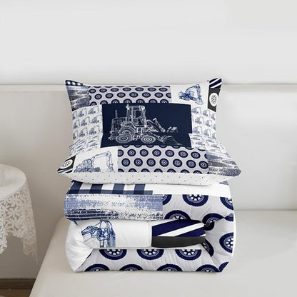 Feelyou Kids Construction Comforter Set King Size Equipment Trucks Bedding Set for Boys Cartoon Car Excavator Tractor Comforter Construction Vehicles Plaid Grid Blue and White Duvet Set