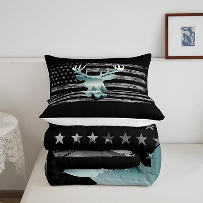 Feelyou Toddler Camo Hunting Bedding Set - Forest Smoky Deer Duvet Set with American Flag & 1 Pillow Case