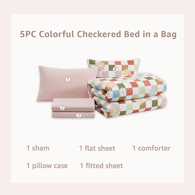 Twin XL Comforter Set for Girls, Colorful Checkered Bedding Set with Cute Floral, All Season Plaid Kids Bed in a Bag Dorm 5 Pieces with Sheets, Pillowcase & Sham