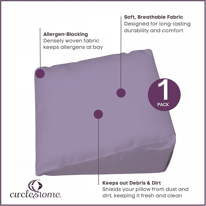 CirclesHome Wedge Pillow Cover 100% Cotton, Zippered Wedge Pillow Case Protector, Soft, Hypoallergenic & Breathable -Lavender, (24Wx25Lx12)