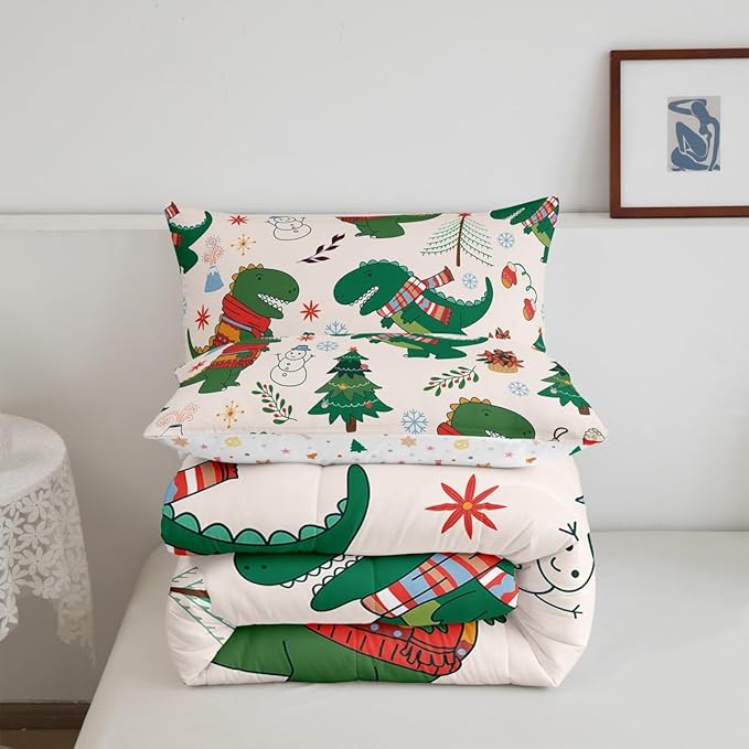 Erosebridal Cartoon Dinosaur Comforter Set for Kids Boys Girls,Xmas Dino Bedding Queen,Winter Snowman Tree Flower Comforter Sets,Merry Christmas Duvet Insert with 2 Pillowcases Bedroom Decor