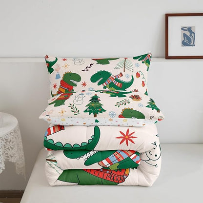 Erosebridal Cartoon Dinosaur Comforter Set for Kids Boys Girls,Xmas Dino Bedding King,Winter Snowman Tree Flower Comforter Sets,Merry Christmas Duvet Insert with 2 Pillowcases Bedroom Decor