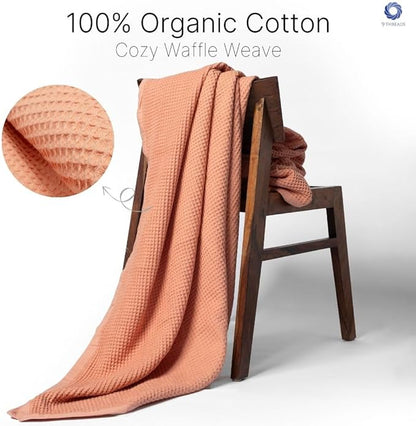 GOTS Certified Organic Cotton Waffle Weave Blanket, Queen Bed Size, 90"X90"Cozy Throw Blanket for Couch, Modern Home Decor, Throw Blankets,Comfy Waffle Blanket, Soft Bed Blankets -Sun Bay