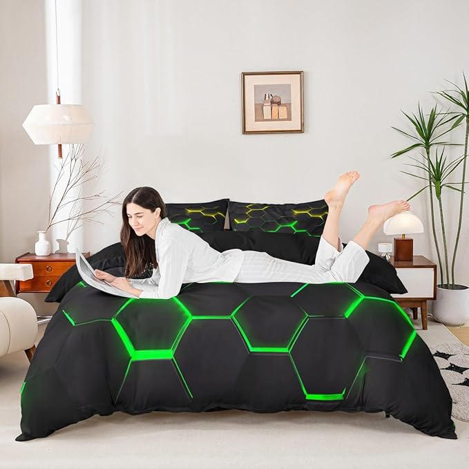 Honeycomb Bedding Duvet Cover Full Size Hexagon Bed Cover for Kids Teen Boys Girls Bedroom Decor Yellow Neon Lights Bed Cover Chic Creative Bedding Cover 3Pcs with 2 Pillowcase, Black
