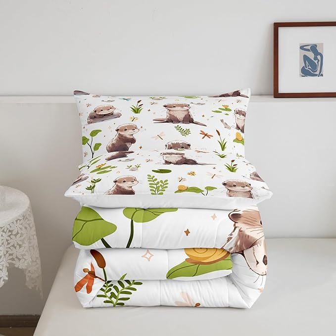 Lovely Otter Comforter Set Watercolor Green Lotus Leaf Plants Bedding Comforter for Kids Boys Girls Teens Cartoon Wild Butterfly Dragonfly Animals Bedroom Quilt Set with 2 Pillowcases Queen Size 3 Pcs