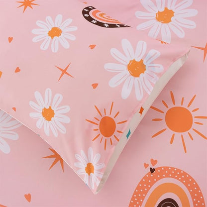 Holawakaka Boho Rainbow Daisy Twin Comforter Set with Sheets, 5-Piece Bohemian Sun Flower Bedding Set for Girls & Women - Super Soft Microfiber Kids Teen-Girls Orange Reversible Bed-in-a-Bag