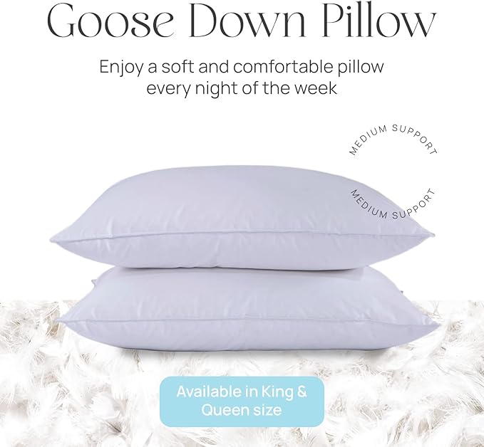 Pure Dream Firm Pillow - Queen Pillow Medium Support, Queen Size 20x30 Inch Goose Feather Down Pillows, 100% Cotton Shell, Set of 2