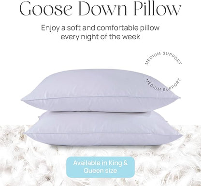 Pure Dream Firm Pillow - Queen Pillow Medium Support, Queen Size 20x30 Inch Goose Feather Down Pillows, 100% Cotton Shell, Set of 2
