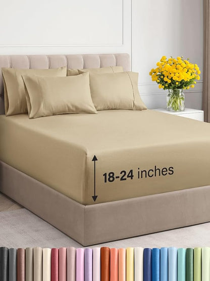 Extra Deep Full Sheet Set - 6 Piece Breathable and Cooling Sheets - Hotel Luxury Bed Sheets Set - Easy & Secure Fit - Soft, Wrinkle Free and Comfy Sheets Set - Beige Sheet Set with Extra Deep Pockets