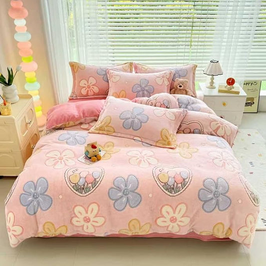 Pink Floral Kids Duvet Cover Set Queen Cute Kawaii Bedding Set Snowflake Fluffy Comforter Cover Blanket Soft Reversible Duvet Cover Set Room Decor for Girls Women Boys(Pink Flowers,Queen)