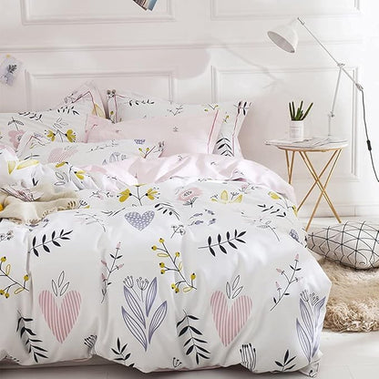 BuLuTu Floral Love Print Girls Duvet Cover Full Size White/Pink Cotton Premium Blossom Kawaii Reversible Kids Bedroom Comforter Cover Bedding Sets for Toddler,Teen,Breathable,Lightweight,Zipper