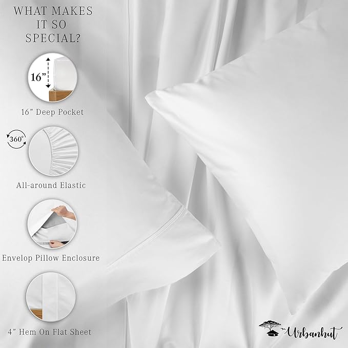 URBANHUT 1000 Thread Count Egyptian Cotton Sheets Full Size, Long Staple Soft & Breathable, 4 Pc Bed Sheet Sets, Luxury Hotel Sateen Sheets Fits 16" Deep Pocket - White