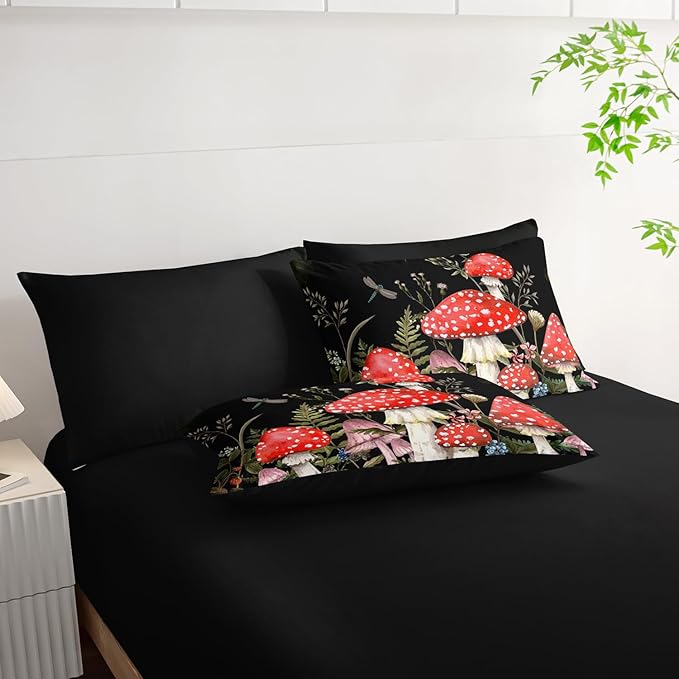 Red Mushroom Kawaii Comforter Set 7Pcs Kids Mushroom Dragonfly Bedding Set for Boy Girl Adult Botanical Plant Theme Printed Quilt Bed Set Full with 2 Sheets,2 Pillowcases,2 Throw Pillow Covers