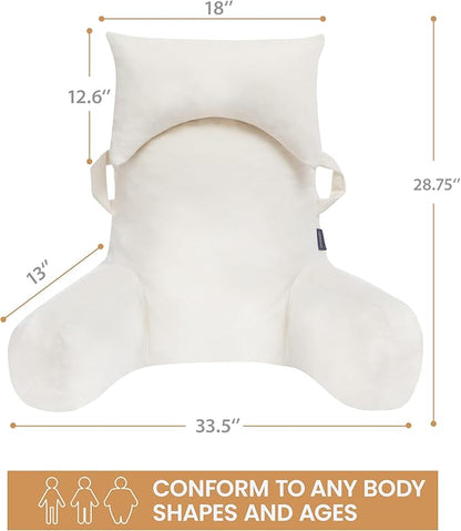 Portable Reading Pillows with Headrest for Bed Sitting Up(Beige Oeko-Tex), Velvet Back Pillow with Arms & Pockets for Adults, Support Memory Foam Bed Pillow for Dorm/Reading/Watching/Gaming