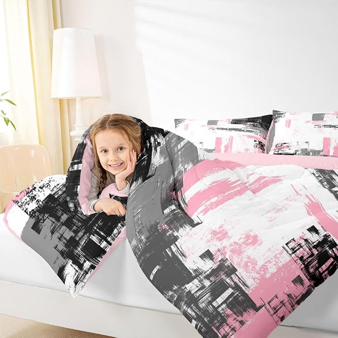 Feelyou Abstract Bedding Set Kids Modern Abstract Art Comforter Set Pink White Black Comforter for Boys Room Decor Lightweight Retro Duvet Set Full Size with 2 Pillow Case
