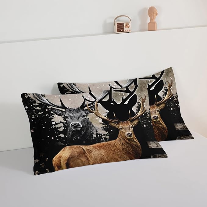 HOSIMA Snowy Forest Deer Comforter Set with 2 Pillowcases,Camo American Flag Twin Bed in a Bag Hunting Bedding Set for Teen Mens Bedroom Essentials,Wildlife Elk Comforter Boys Room Decor.