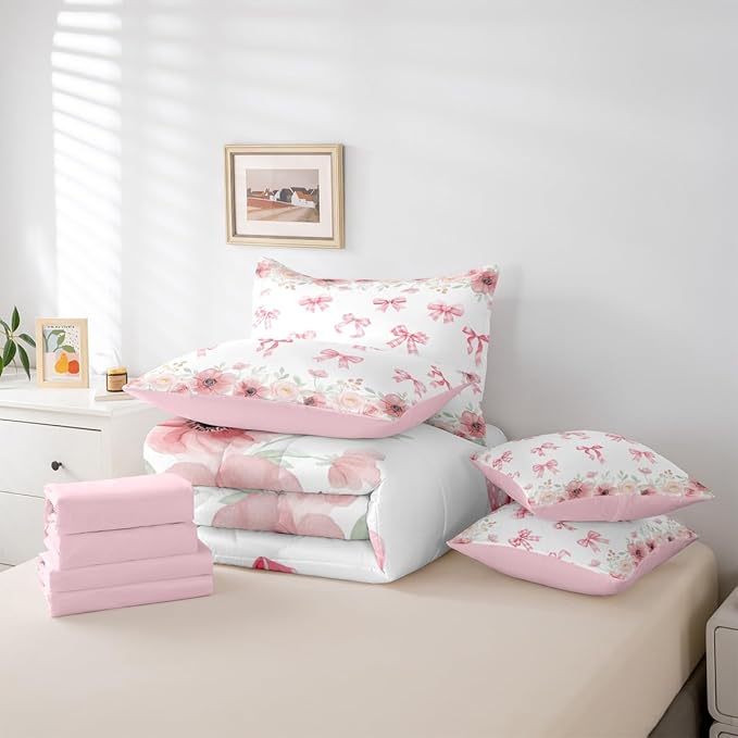 Erosebridal Kawaii Pink Bowknot Bed in A Bag | Flower Bow Decorations Bedding Set for Girls Preppy Coquette Bows Comforter Sets with Sheets, 7 Pieces Romance Bed Set Bedroom Decor (Queen)