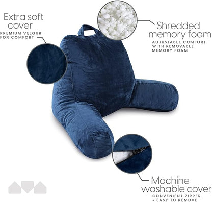 Milliard Reading Pillow with Arms, Navy Blue, Cozy Shredded Memory Foam Back Pillow for Bed Sitting Up - Sit Up Backrest Support for Reading & Rest Bed - Washable Cover, Adjustable Comfort, CertiPUR