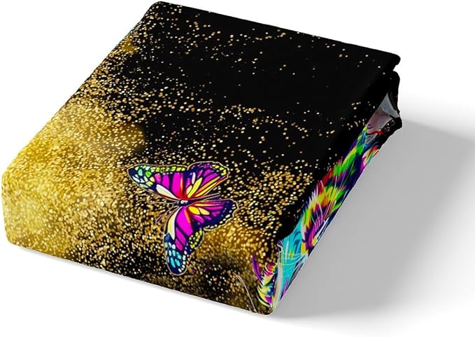 Rainbow Cat Butterfly Bedding Set Queen Size, Watercolor Tie Dye Planet Galaxy Outer Space Duvet Cover Set with 2 Pillowcases, Shiny Golden Glitter Sequin Comforter Cover, Soft Polyester