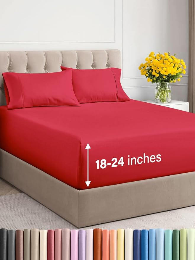 Extra Deep Twin XL Sheet Set - 4 Piece Breathable and Cooling Sheets - Hotel Luxury Bed Sheets Set - Easy & Secure Fit - Soft, Wrinkle Free and Comfy Sheets Set - Red Sheet Set with Extra Deep Pockets
