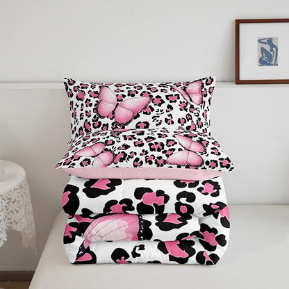 Leopard Print Comforter Set Full,Pink Butterfly Bedding Set 3pcs for Kids Teens Boy Girl Room Decor,Wild Animals Theme Quilt Set Cheetah Fur Duvet Insert with 2 Pillowcases
