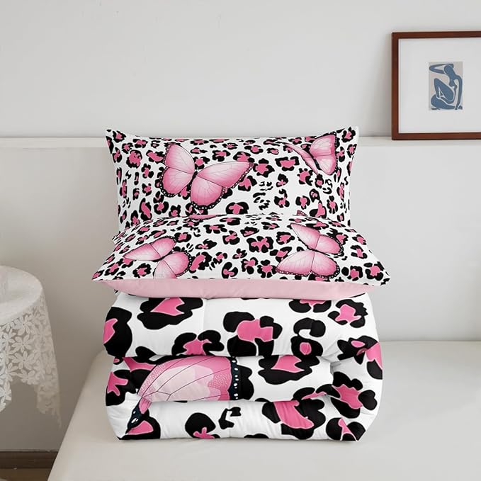 Leopard Print Comforter Set Queen,Pink Butterfly Bedding Set 3pcs for Kids Teens Boy Girl Room Decor,Wild Animals Theme Quilt Set Cheetah Fur Duvet Insert with 2 Pillowcases