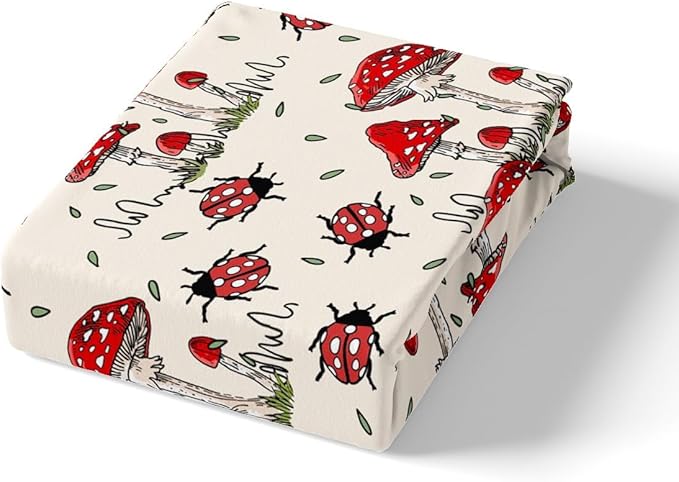 Castle Fairy Wild Mushroom Bedding Set Full Size,Cute Ladybug Duvet Cover 3pcs Kids Teens Rustic Hand Drawn Comforter Girls Boys Room Decor,Nature Animals Plants Quilt Cover,2 Pillowcases,Red Khaki