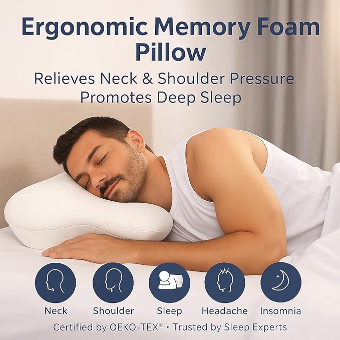 High Profile Cervical Pillow for Neck Support, Ergonomic Memory Foam Pillow for Side Sleepers, Firm Support for Neck Pain Relief – White