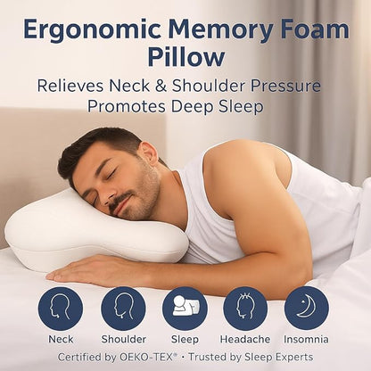 High Profile Cervical Pillow for Neck Support, Ergonomic Memory Foam Pillow for Side Sleepers, Firm Support for Neck Pain Relief – White