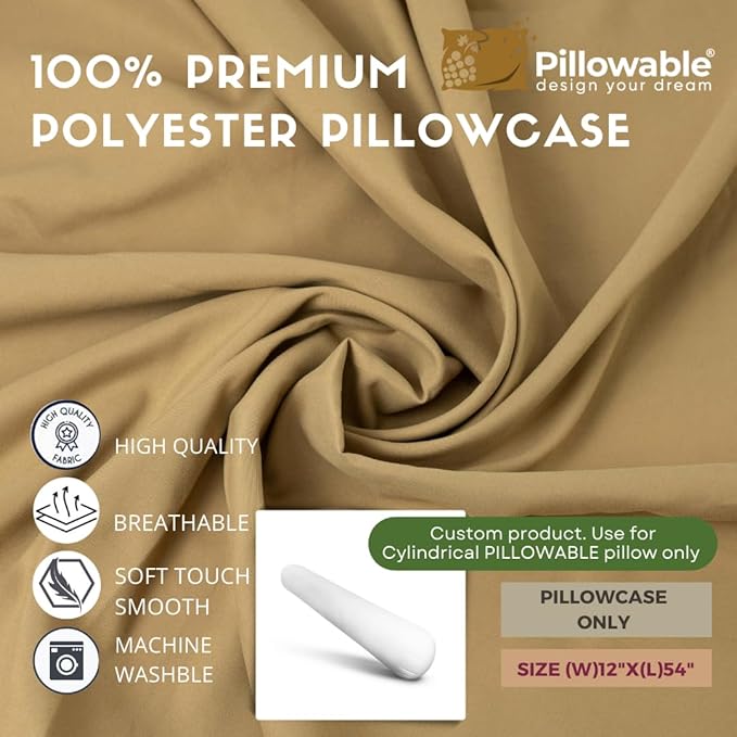 Case ONLY - Beige 54x12 inches Round Body Pillowcase - Cover Only - Zipper Pillowcase - 100% Brushed Microfiber - Bolster Pillow Cover - Fits Only Round Body Pillow