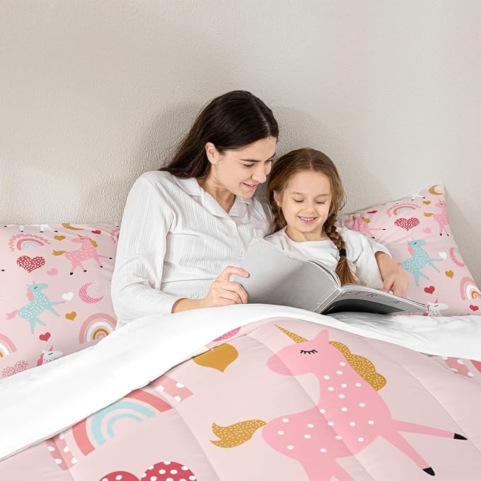 Feelyou Girls Unicorn Comforter Set Queen Size Kids Cute Pink Rainbow Horse Decor Comforter for Unicorn Lover Daughter Bedding Set Boho Star Moon Duvet Set (1 Comforter + 2 Pillowcases, Queen)