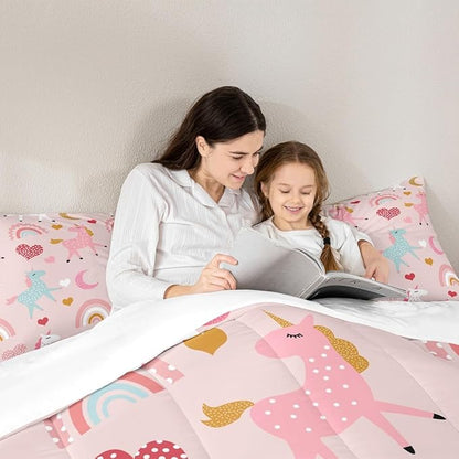 Feelyou Girls Unicorn Comforter Set Queen Size Kids Cute Pink Rainbow Horse Decor Comforter for Unicorn Lover Daughter Bedding Set Boho Star Moon Duvet Set (1 Comforter + 2 Pillowcases, Queen)