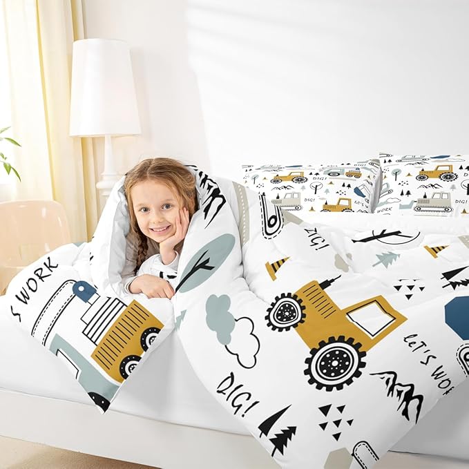 Feelyou Cartoon Car Kids Comforter Set Construction Bedding Set for Boys Toddler Decor Equipment Trucks Comforter Cartoon Car Excavator Tractor White Yellow Duvet Set Bedroom Quilt Set 3Pcs King