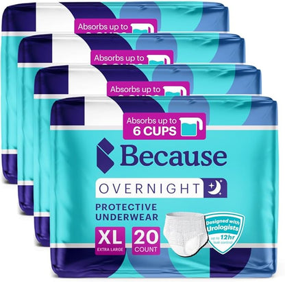 Because Overnight Absorbency Pull Ups - Adult Disposable Incontinence Underwear, Extra Absorbent Nighttime Briefs for Men and Women, White, XLarge, 80 Count (4 Packs of 20)