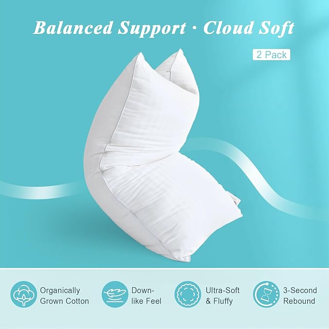 Bed Pillows Queen Size Set of 2-100% Cotton Cover, Down Alternative Gel Polyfill Filled, Flat Soft Medium Adjustable Hotel-Style Pillow Inserts, 20x30 Inch