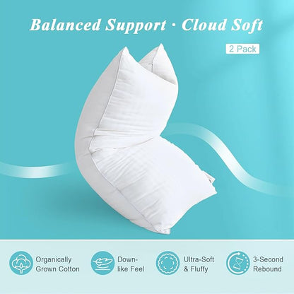 Bed Pillows Standard Size Set of 2-100% Cotton Cover, Down Alternative Gel Polyfill Filled, Twin Soft Medium Adjustable Hotel-Style Pillow Inserts, 20x26 Inch