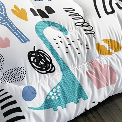 Cartoon Dinosaur Rainbow Comforter Set Queen 3Pc Kawaii Dinosaur Bedding Set All Season with Cactus, Coconut Tree Decoration Includes 1 Comforter, 2 Pillowcases for Kids Girls Teens