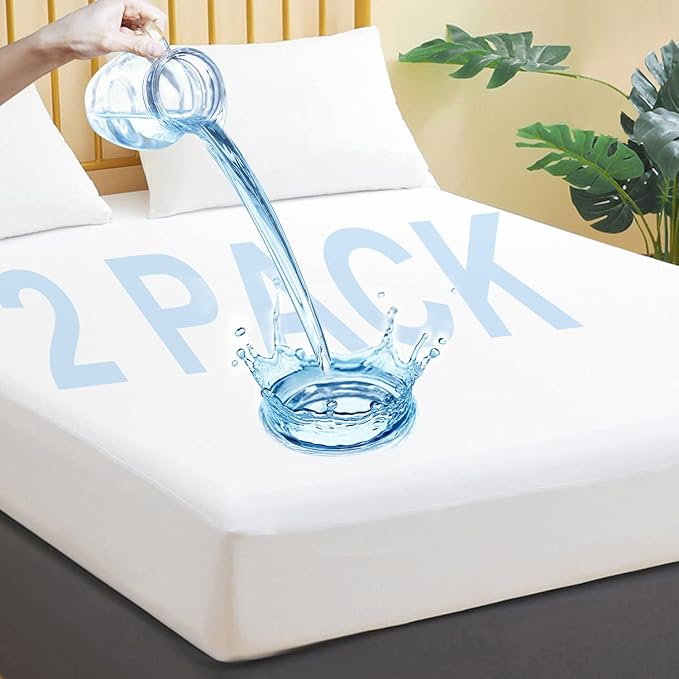 Waterproof Mattress Protector Queen Size, 2 Pack Breathable Mattress Cover, Fitted Deep Pocket Mattress Pad Cover Stretches up to 21 Inches, Soft Noiseless Bed Cover