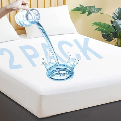Waterproof Mattress Protector Twin Size, 2 Pack Breathable Mattress Cover, Fitted Deep Pocket Mattress Pad Cover Stretches up to 21 Inches, Soft Noiseless Bed Cover