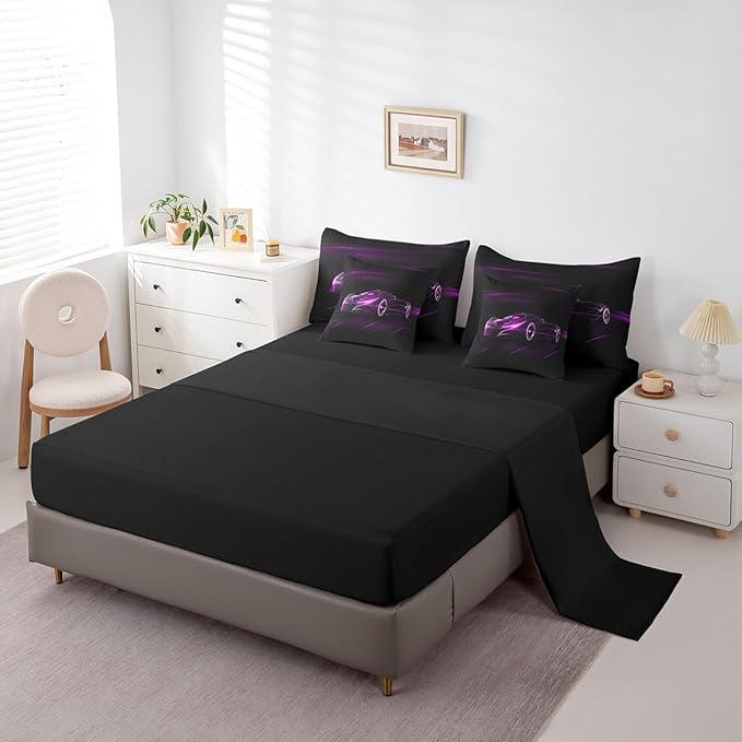Feelyou Purple Race Car 7 Piece Bedding Set King Size for Kids Boys Extreme Sport Games Comforter Set with Sheets Teens Toddler Fast and Furious Bed in a Bag Cool Modern Bed Set