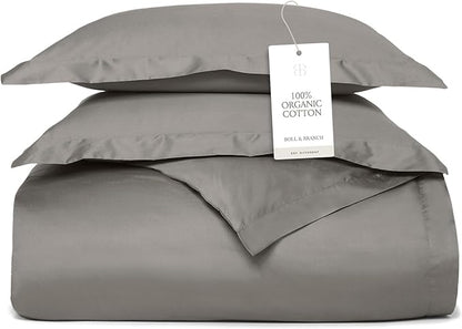 BOLL & BRANCH Signature Hemmed Duvet Set - Full/Queen, Stone - Luxury 100% Organic Cotton - 1 Duvet Cover, 2 Shams - Buttery Soft, Hidden Closures