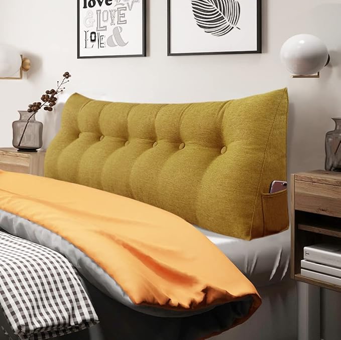Triangle Reading Pillow Wedge Headboard Pillow California King Perfect as Bed Rest Back Support Pillow Sitting Up in Bed Padded Headboard Wall Cushion with Removable Linen Cover Yellow