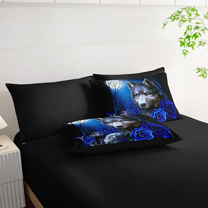 Wolf Comforter Set 7 Piece King Size Bed in A Bag,Animal Bedding for Room Decor,Soft Wolf Comforter Blue Rose Bedding with Fitted Sheet,Flat Sheet, Pillowcases & Shams