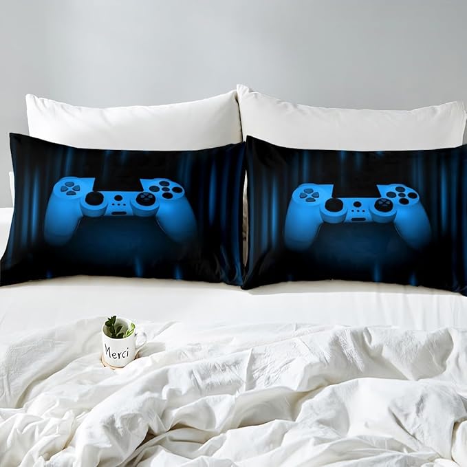 Feelyou Boys Gamer Comforter Set Queen Size Bedding Set for Kids Gaming Comforter Blue Black Video Games Gamepad Room Decor for Teens Child Super Soft Geometric Duvet Quilted Son Grandson Gift