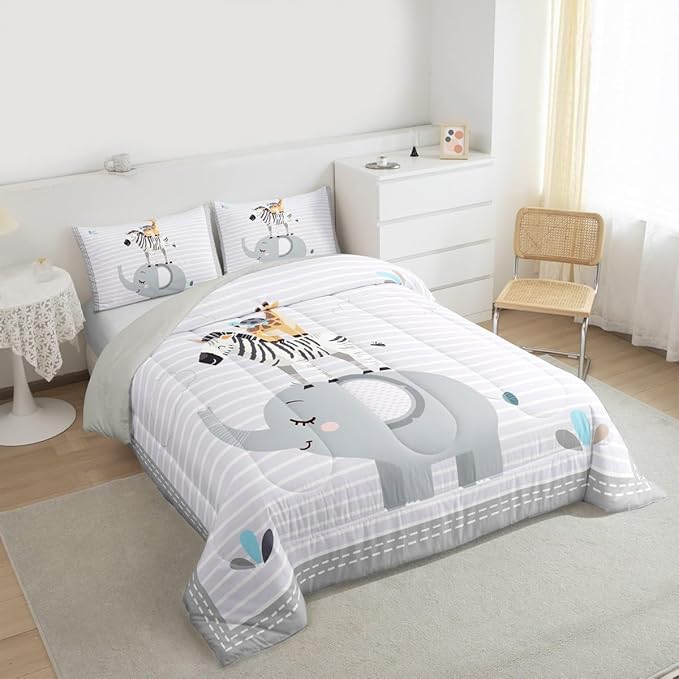 Cute Animals Kids Comforter Set Cartoon Elephant Zebra Giraffe Bedding Set King Size for Boys Girls Teens Bedroom Decor Grey White Geometric Stripes Quilt Set All Season Bedspread 3pcs