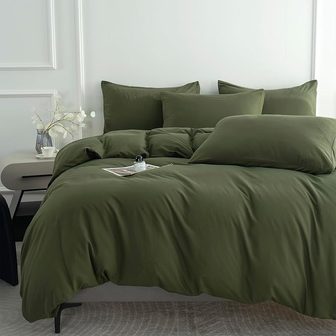 Green Duvet Cover King 100% Brushed Microfiber 3-Piece Set - Army Green with Zipper Closure - Luxury Soft