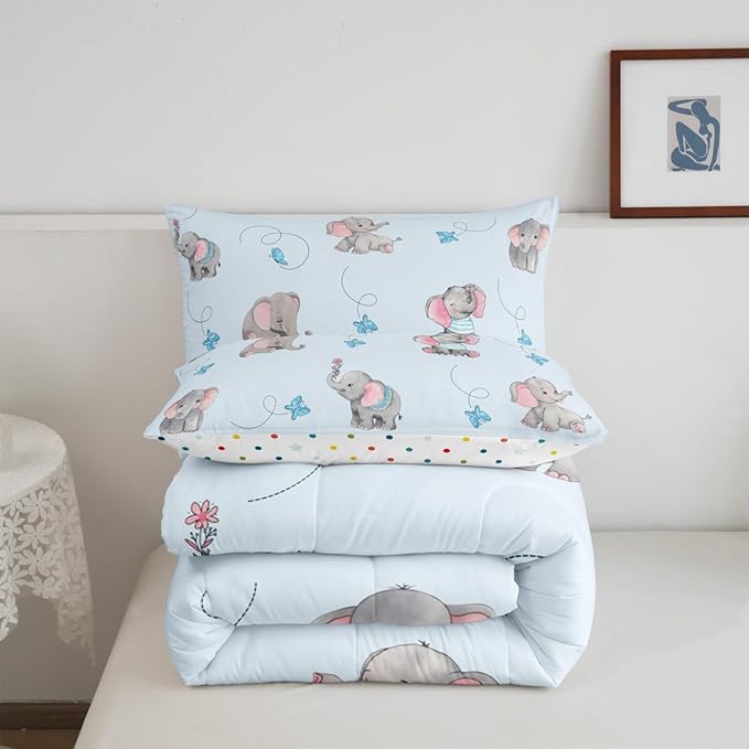 Cute Elephant Kids Comforter Set Twin Size,Blue Butterfly Cartoon Wildlife Reversible Bedding Sets for Teens Bedroom Decor,Watercolor Grey Pink Animal Quilted Duvet,1 Pillowcase
