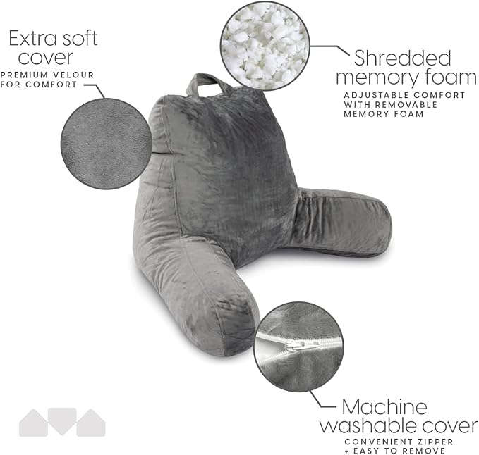 Milliard Reading Pillow with Arms, Grey, Shredded Memory Foam Back Pillow for Bed Sitting Up - Sit Up Backrest Support for Reading & Rest Bed - Washable Cover, Adjustable Comfort, CertiPUR Certified