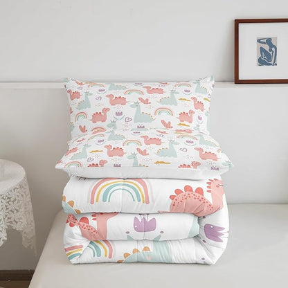 Feelyou Cartoon Dino Comforter Set Toddler, Pink Green Dinosaur Comforter Cute Jungle Dino Comforter Set for Kids Boys Girls Cute Rainbow Duvet Set Microfiber Quilt Set