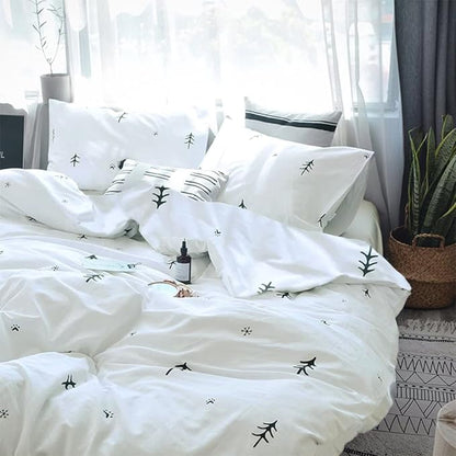 BuLuTu Kids Duvet Cover Full Size Cotton White/Grey,Premium Boys Girls Bedding Sets Twin,Single Bed Comforter Cover Zipper Closure,Forest Tree Print Pattern,Super Soft,Breathable,No Comforter